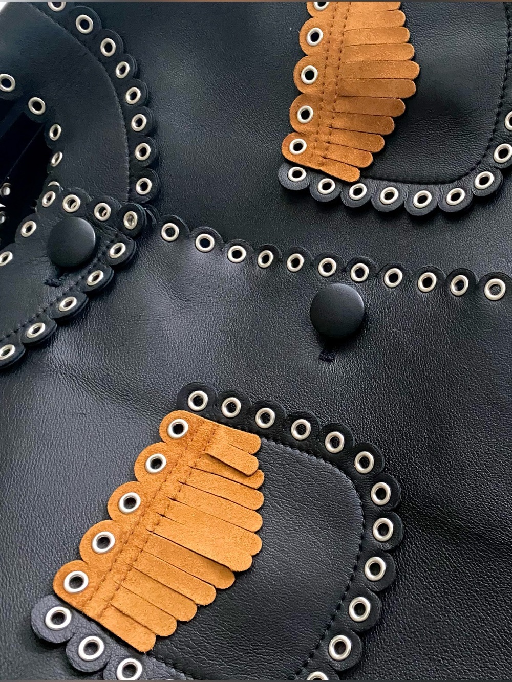 COACH 1941 Black/Burnt Sienna Leather Western Fringe Eyelet Button Jacket
